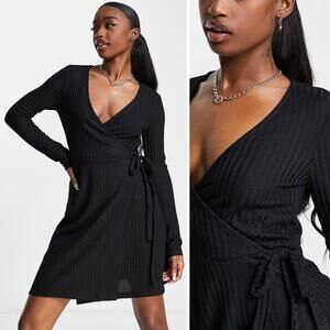 NWT NA-KD Minimalist Modern Casual Long Sleeve Black‎ Ribbed Wrap Dress LBD M